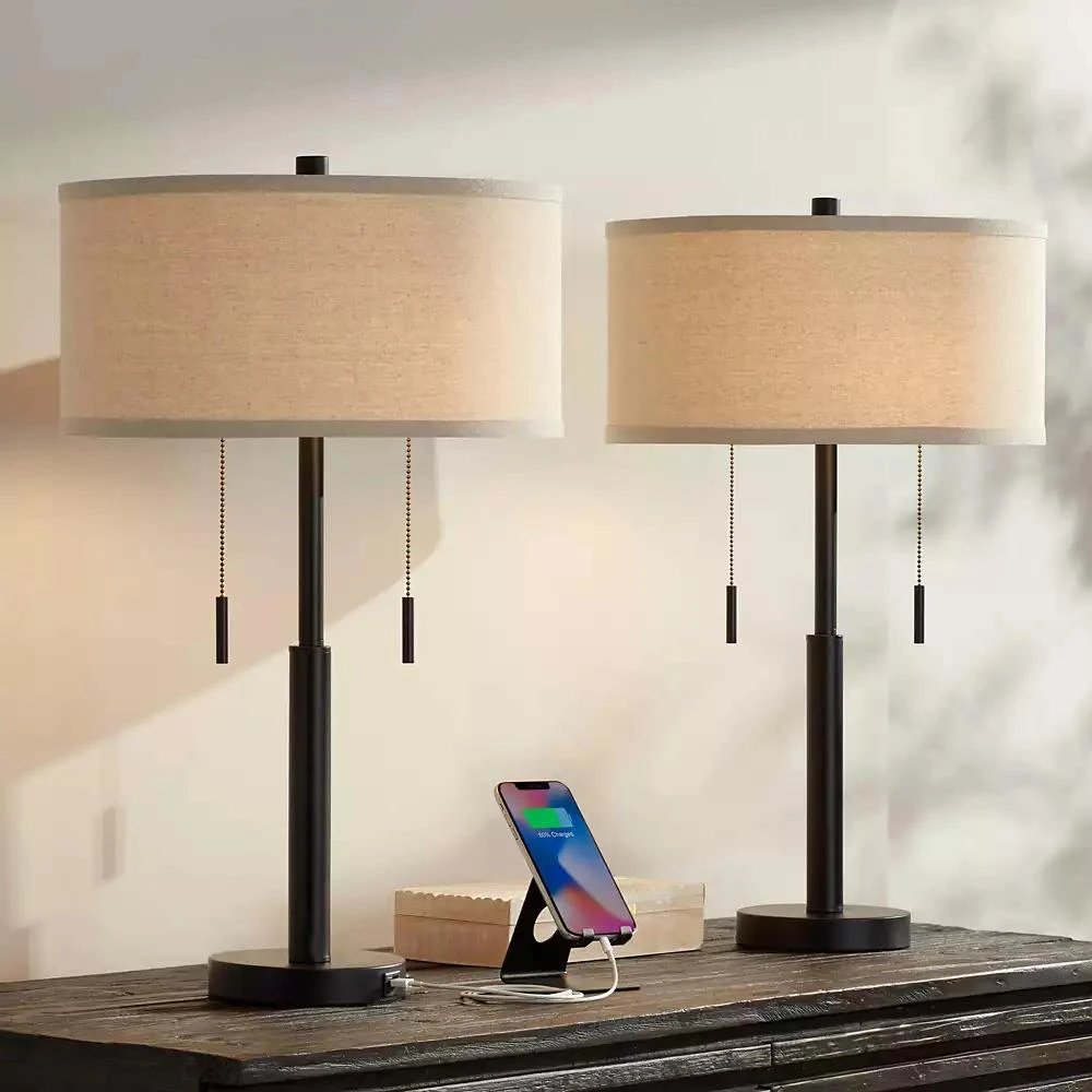 Franklin Iron Works Bernie Industrial Table Lamps 25" High Set of 2 Rich Bronze with USB Charging Port Tan Drum Shade for Bedroom Living Room Bedside 9