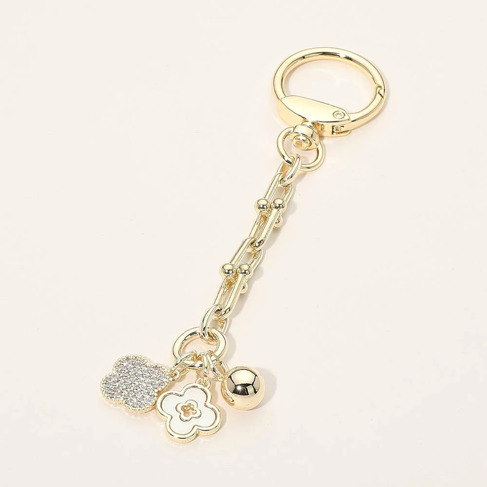 FASHNZFAB 14K Gold Plated CZ Stone Paved Mother of Pearl Quatrefoil Charms Drop Bag Charm Keychain
