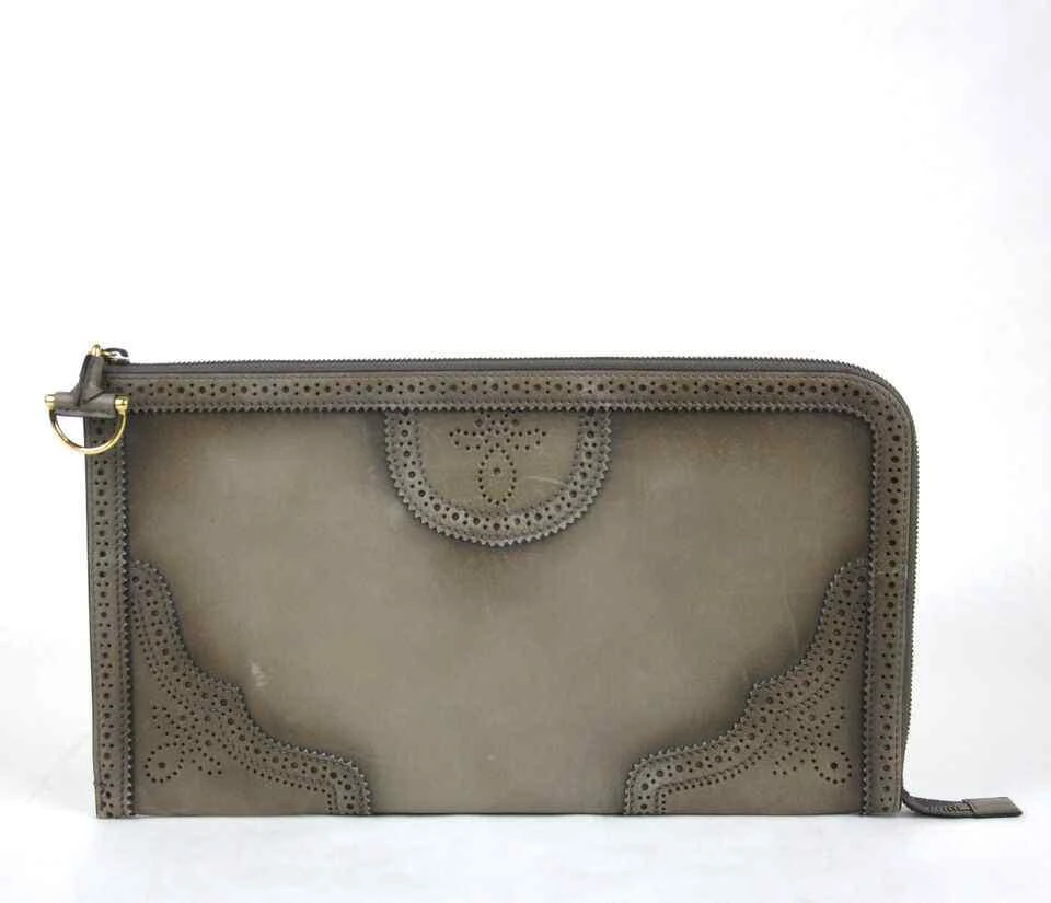 Gucci GUCCI Women's Duilio Brogue Zip Around Leather Clutch Bag 2