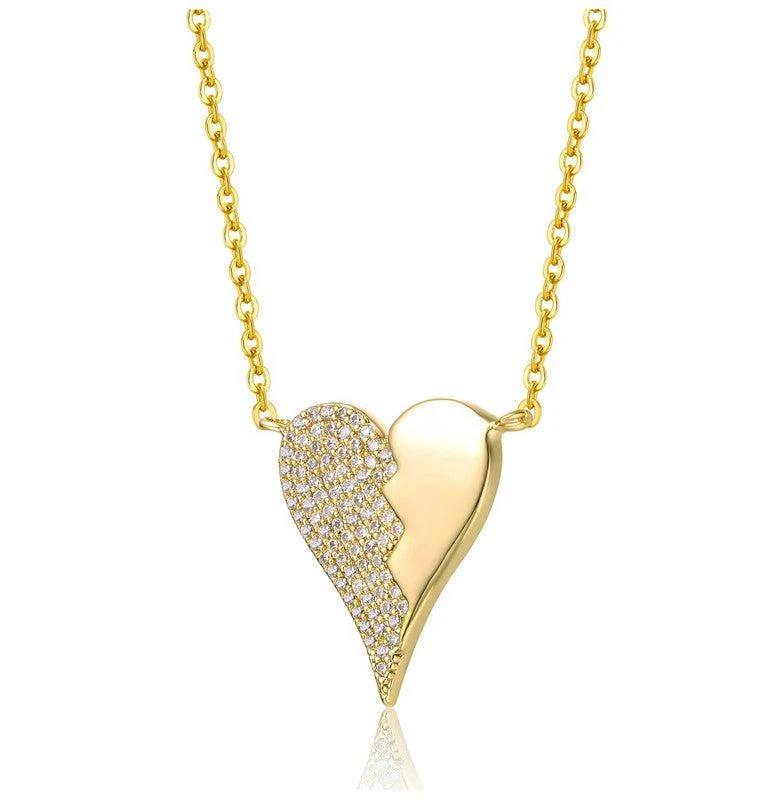 Rachel Glauber 14k Yellow Gold Plated with Cubic Zirconia Broken Cracked Zig-Zag Half & Half Stolen Heart Pendant Necklace 2
