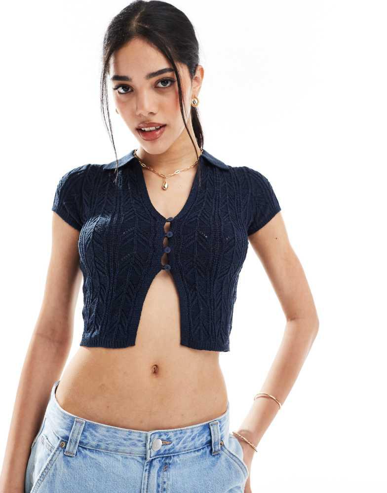 Bershka Bershka crochet polo top in navy