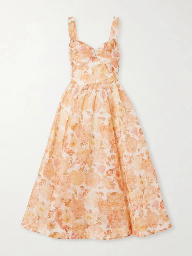 Zimmermann Rebellion Floral-print Linen And Silk-blend Bustier Midi Dress