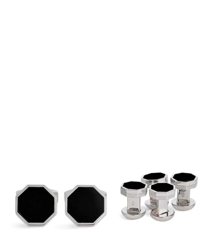 Tateossian Sterling Silver and Onyx London Eye Cufflinks and Studs Set