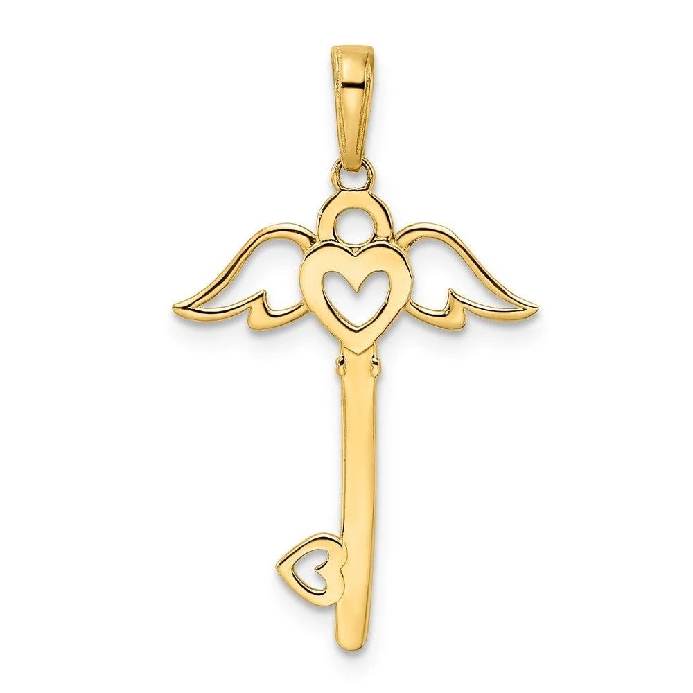 Diamond2Deal 14k Yellow Gold and White Rhodium Diamond-Cut Hear Angel Wings Key Pendant 3