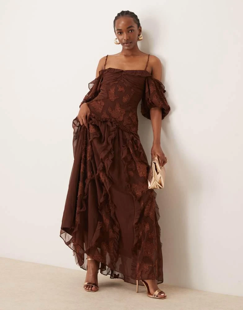 ASOS DESIGN bardot puff sleeve midi dress with dropped hem in floral  jacquard in deep rust  On Sale Now with Up to 10% Off | Discover Exclusive  Deals & Savings at