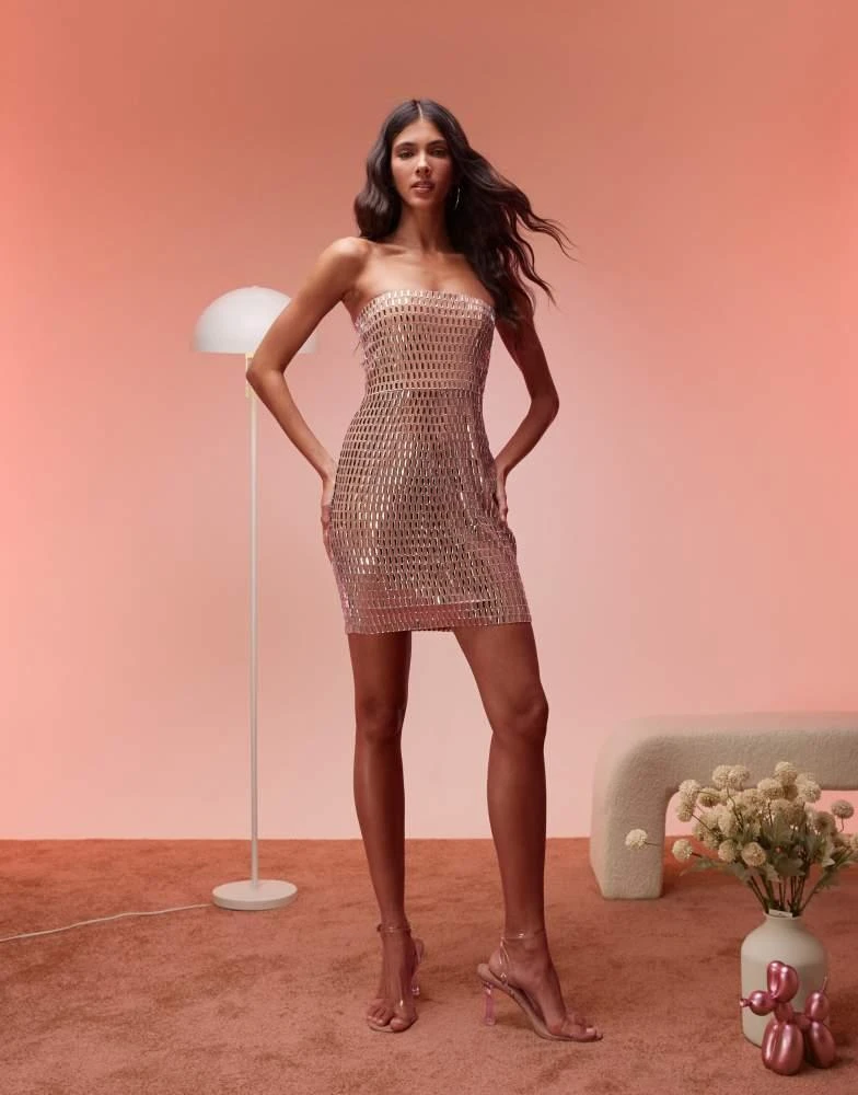Oh Polly Oh Polly Aurora embellished bandeau mini dress in almond 2