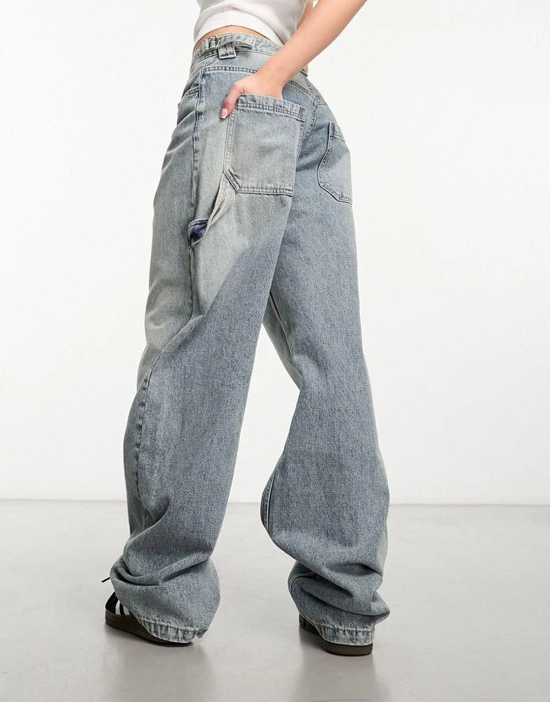 Bershka Bershka adjustable waist carpenter jeans in light dirty wash blue 2
