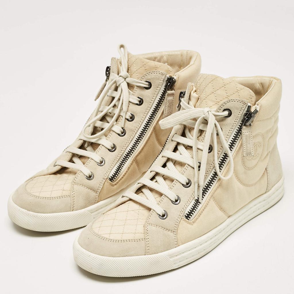 Chanel Chanel Cream Fabric and Suede CC Side Zip High Top Sneakers Size 39