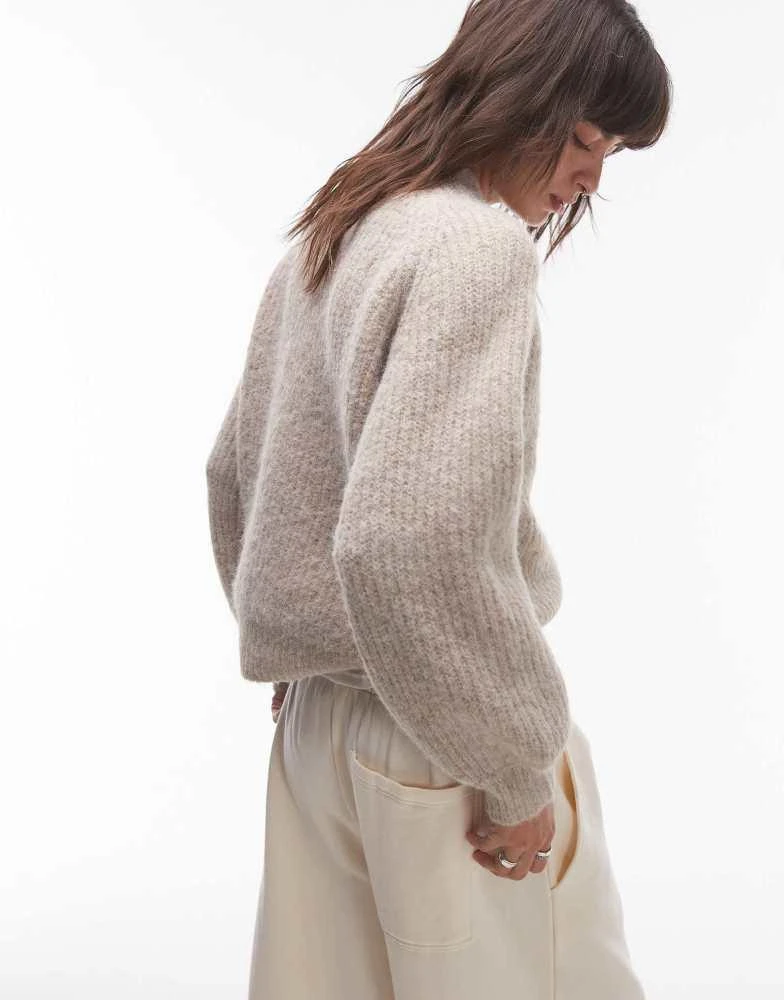 Topshop Topshop knitted high v-neck fluffy cardigan in oat 2