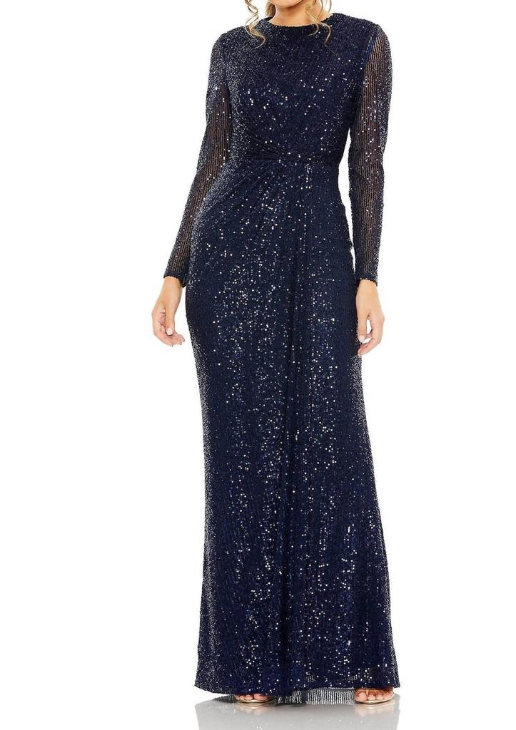 Ieena for Mac Duggal Sequin Long Sleeve Maxi Dress In Midnight