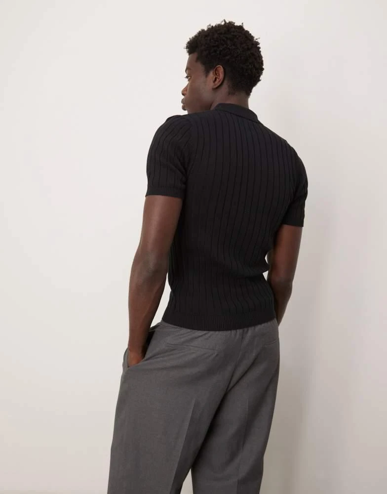 ASOS ASOS DESIGN muscle fit knitted rib polo t-shirt in black 4