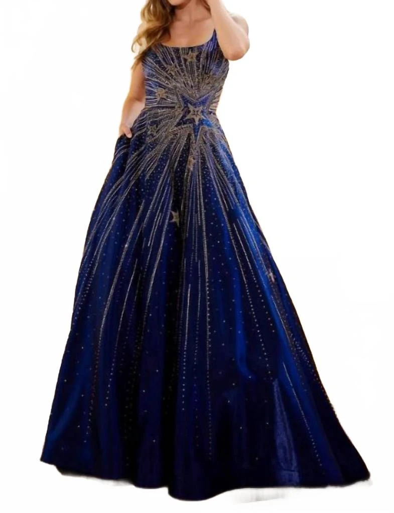 AMARRA Satin Rhinestone Ball Gown In Navy/rose Gold