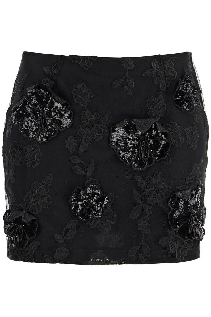 ROTATE Birger Christensen mini skirt in recycled black polyester mesh with floral pattern 1