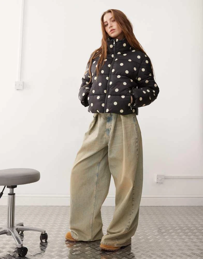 Monki Monki padded puffer jacket in black polka dot 2