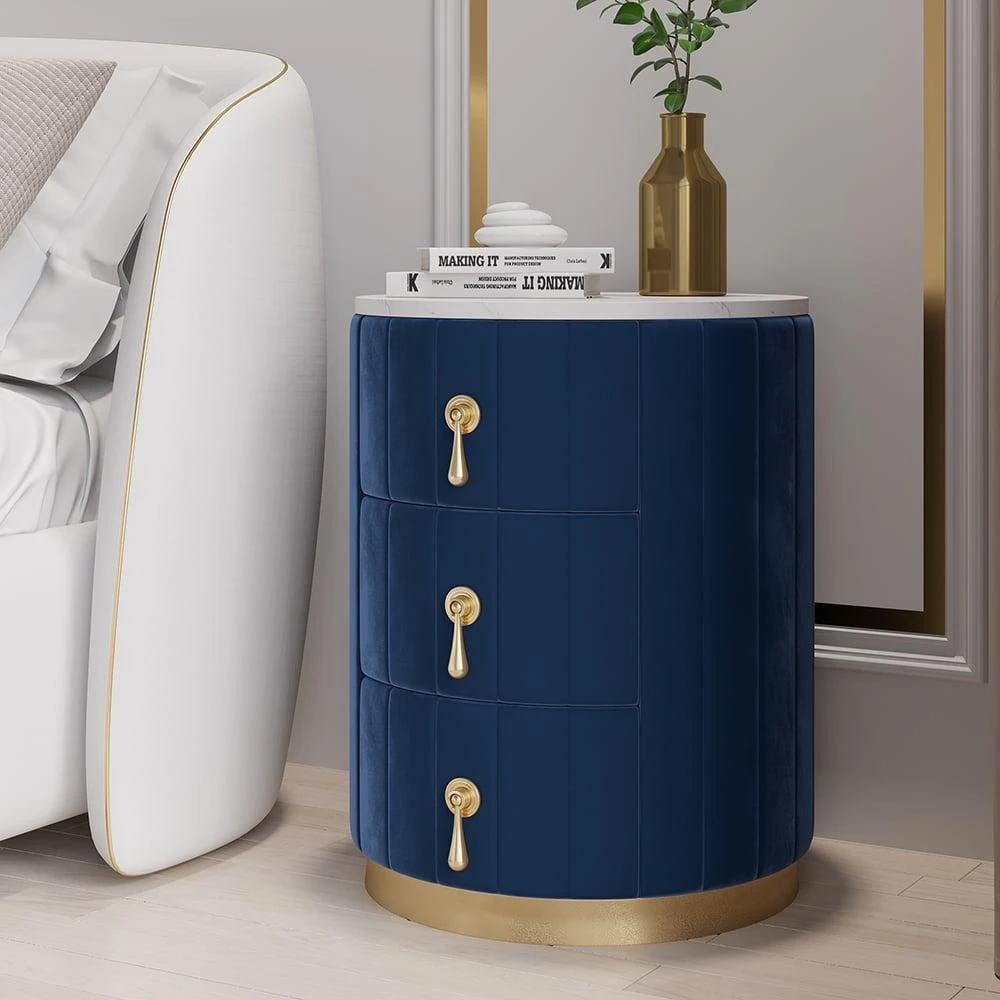 Hivvago Sintered Stone Top 3-Drawer Round Velvet Nightstand 2