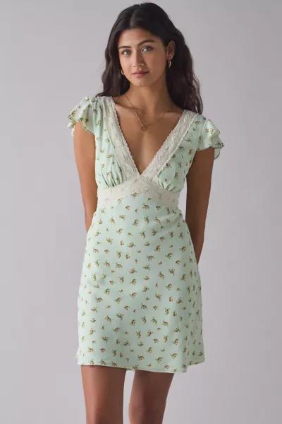 Kiss The Sky Kiss The Sky Green Floral Satin V-Neck Lace Trim Mini Dress