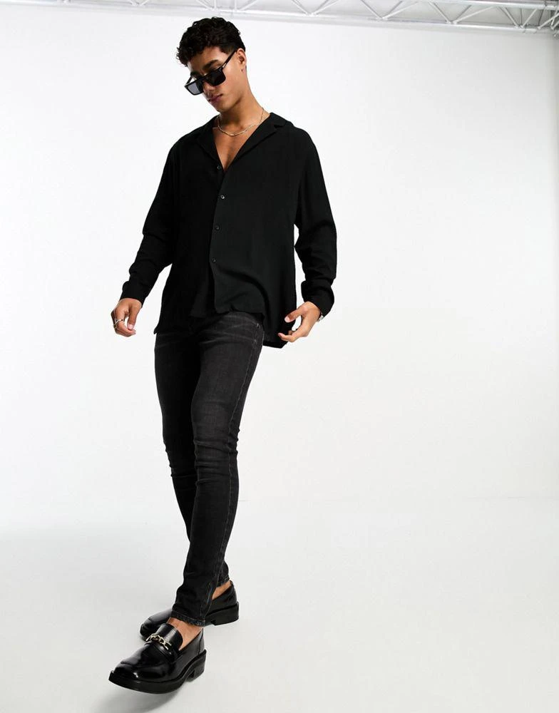ASOS ASOS DESIGN fit viscose shirt with deep revere collar in black 4