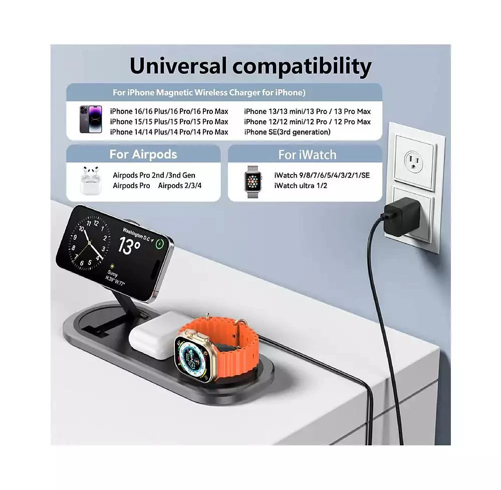risokeys Foldable Wireless Charger - 3-in-1 Wireless Charger with Magnetic Phone,Watch and Earphone Charging Station for Desktop 2