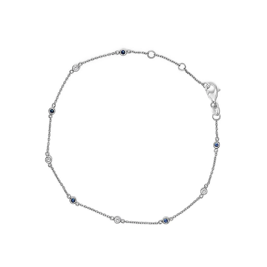 Haus of Brilliance 14K White Gold Alternating Blue Sapphire and White Diamond Bezel Station Chain Bracelet