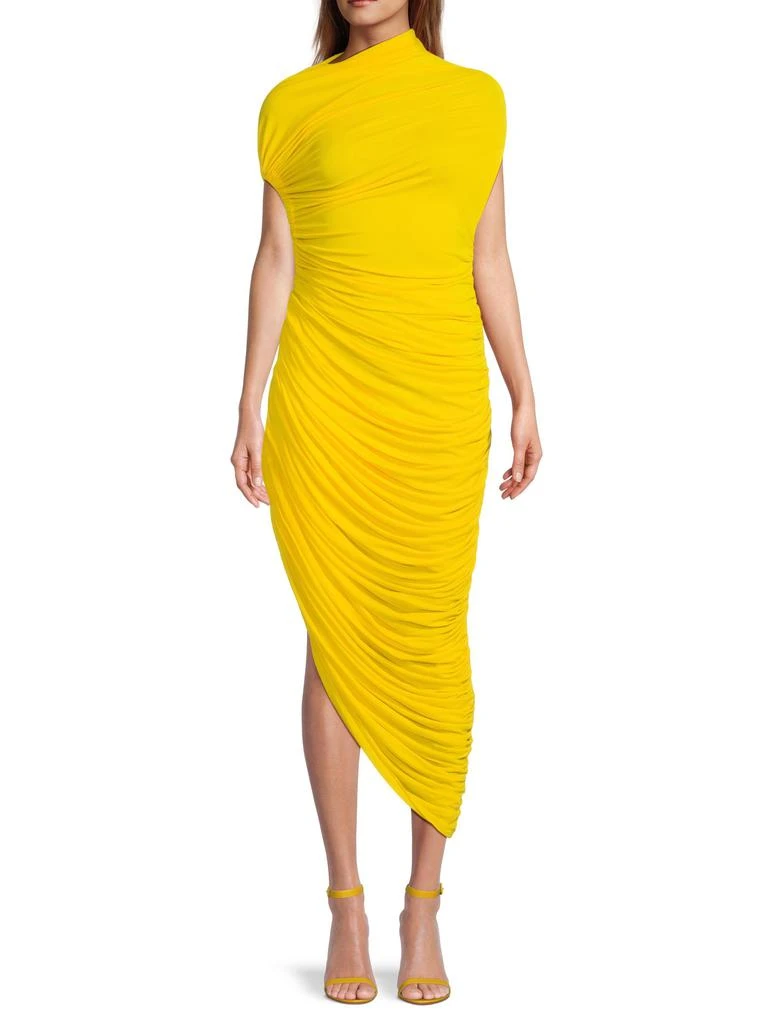asymmetric ruched midi dress Ruched Asymmetric Midi Dress Raisin / XS