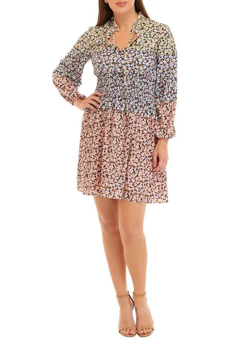 Vince Camuto Camuto Womens Long Sleeve Ombre Printed Fit And Flare Dress