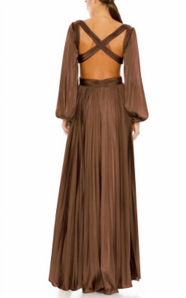 Ieena for Mac Duggal Ieena For Mac Duggal Long Sleeve Pleated Cut-Out Gown In Espresso