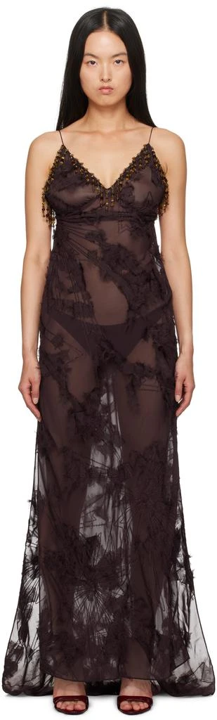 Mirror Palais Brown Feather Bias Maxi Dress 1