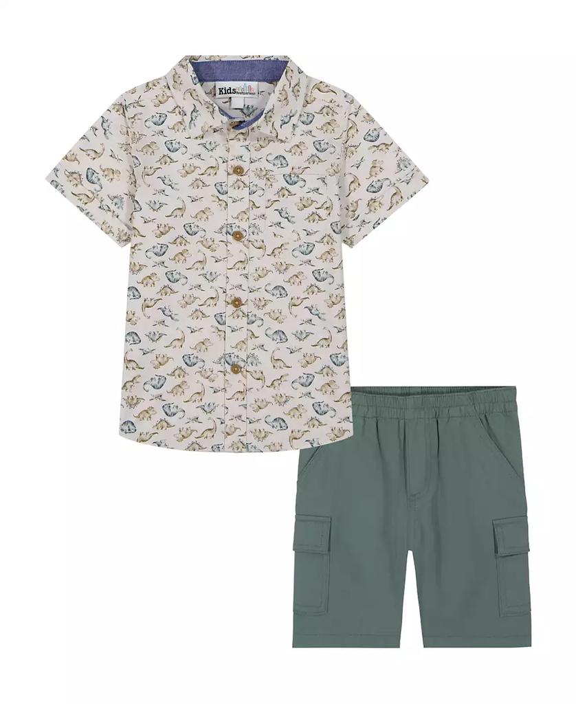 KIDS HEADQUARTERS Toddler and Little Boys Short Sleeve Fish Print Poplin Shirt and Twill Shorts, 2-Piece Set