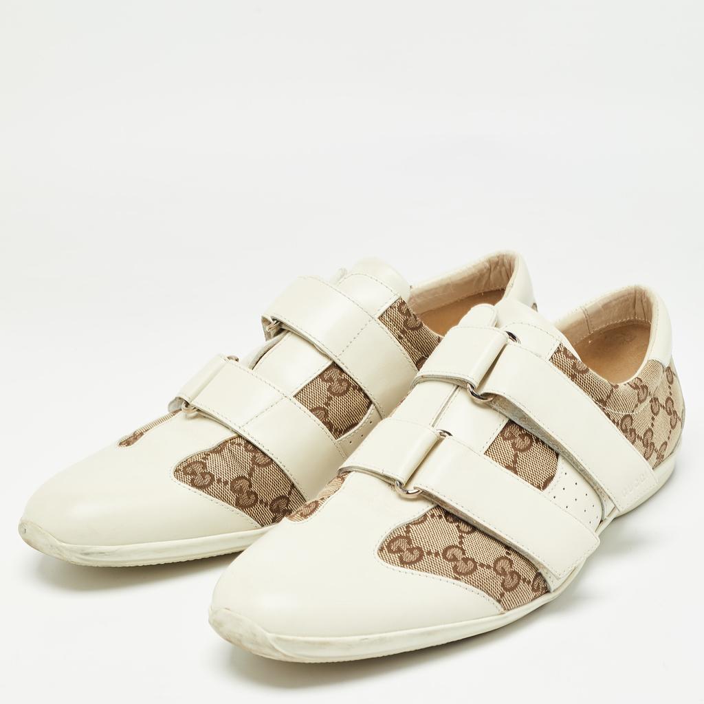 Gucci Gucci White/Beige GG Canvas and Leather Velcro Low Top Sneakers Size 43