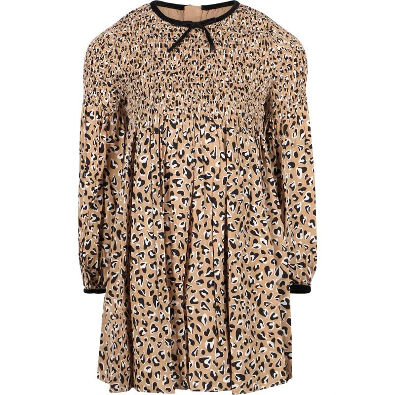 Abel & Lula Shirred top spotty dress in light brown 1