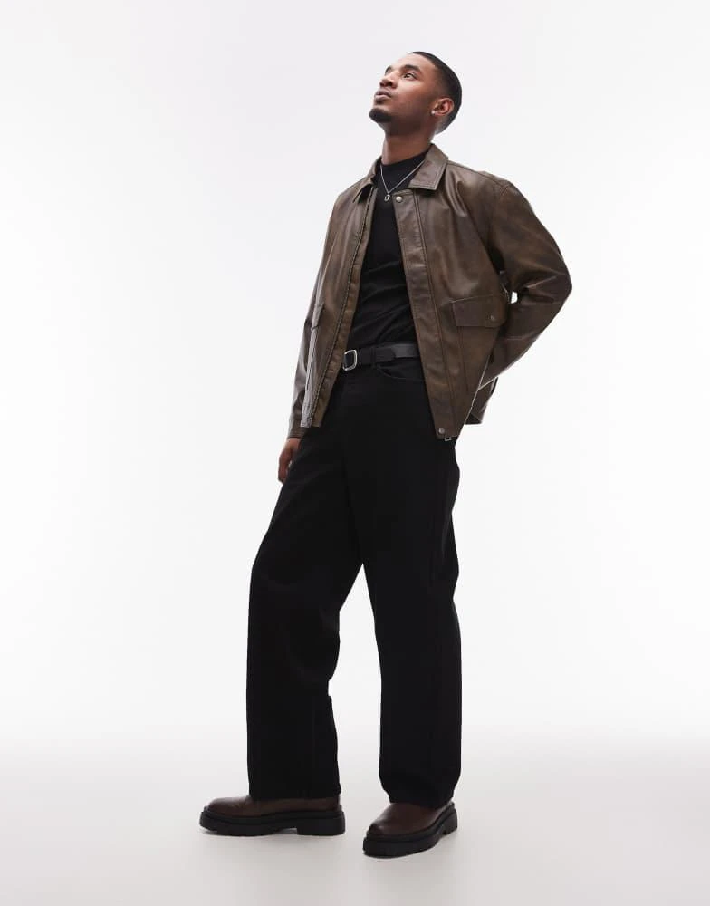 Topman Topman faux leather jacket with front pockets in brown 2