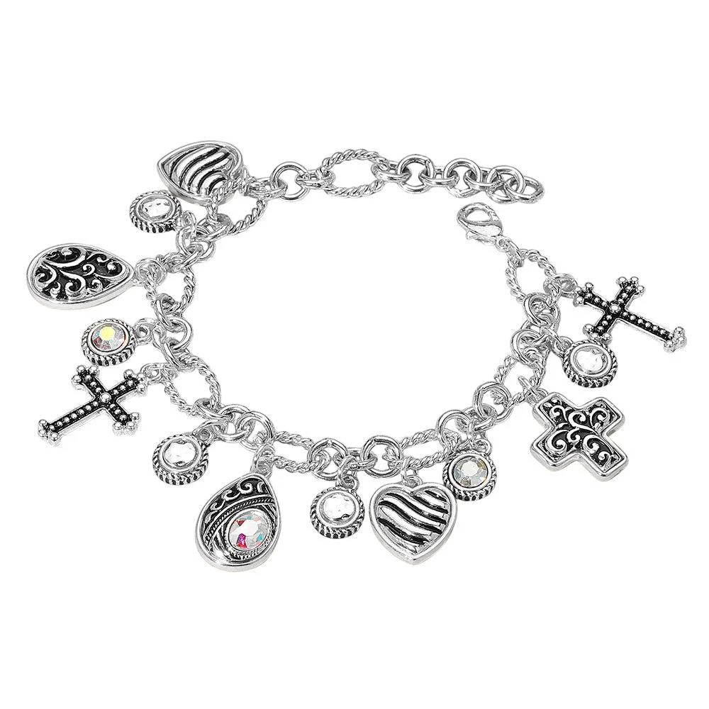 FASHNZFAB Antique Metal Cross Teardrop Heart Stone Charm Station Bracelet 2