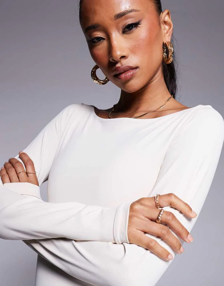 ASOS ASOS DESIGN premium sculpting boat neck long sleeve top in stone - STONE 3