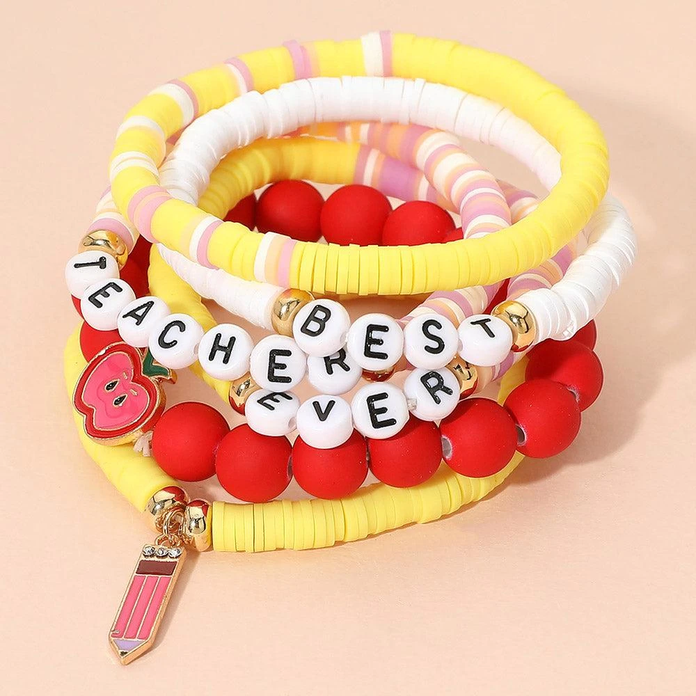 FASHNZFAB 6PCS - BEST TEACHER EVER Message Pencil Apple Charm Heishi Beaded Stretch Multi Layered Bracelets
