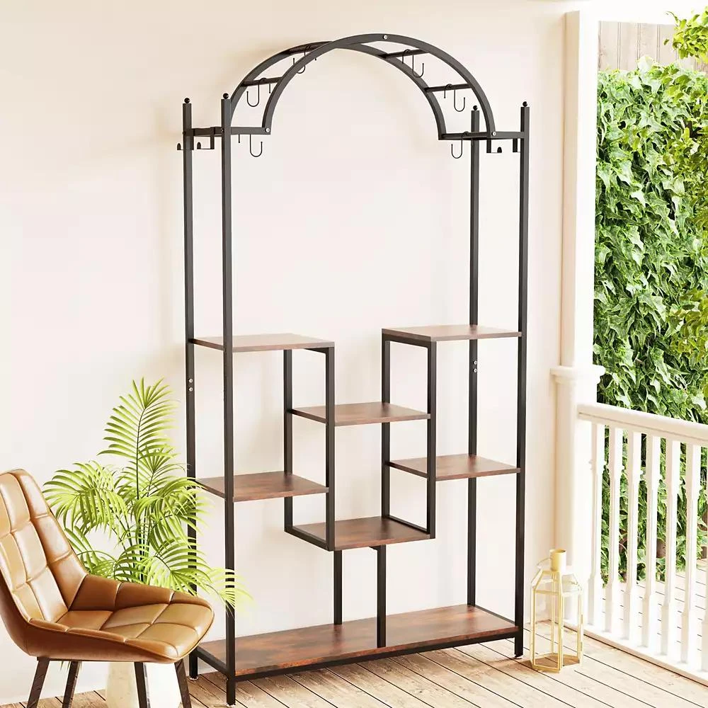 UNHO 5-Tier Tall Plant Stand Arched Metal Flower Display Holder Hanging Hooks 5
