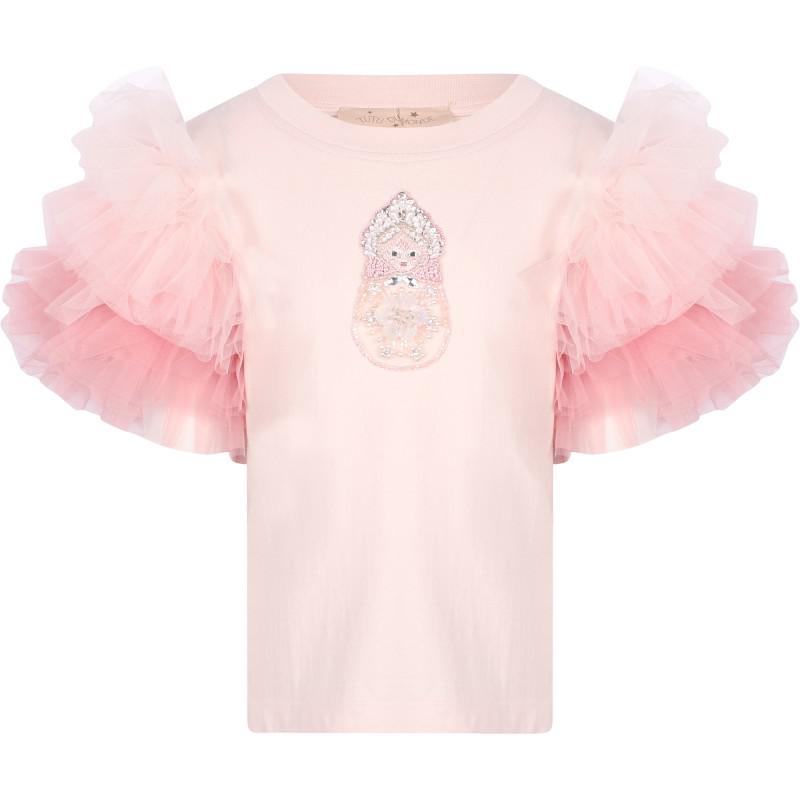 Tutu Du Monde Matryoshka embellishment ruffled tulle sleeves top and hampton mesh skirt set in pink