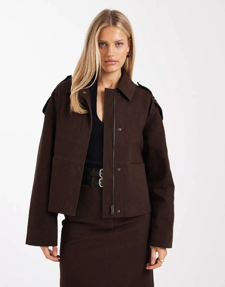 4th 
Reckless 4th 
Reckless cotton rich buckle detail zip through harrington jacket co-ord in chocolate