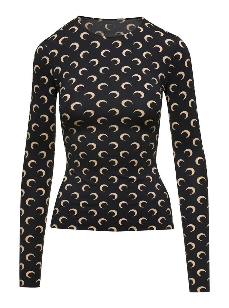 MARINE SERRE Black Crewneck T-Shirt With All-Over Crescent Moon Print In Tech Fabric Stretch Woman 1