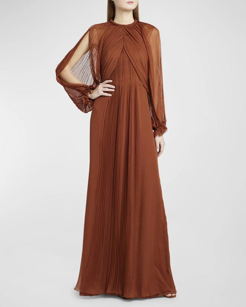 Alberta Ferretti Pleated Drape Long-Sleeve Organic Chiffon Gown 3