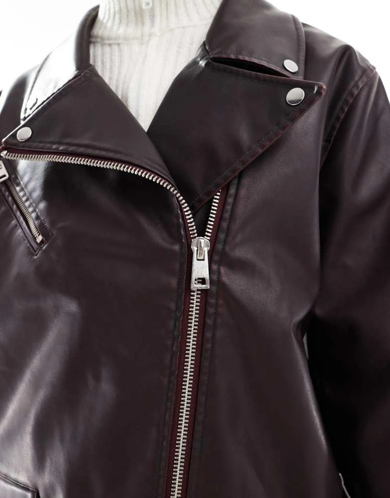 Cotton:On Cotton On roman faux leather biker jacket in distressed cherry 3