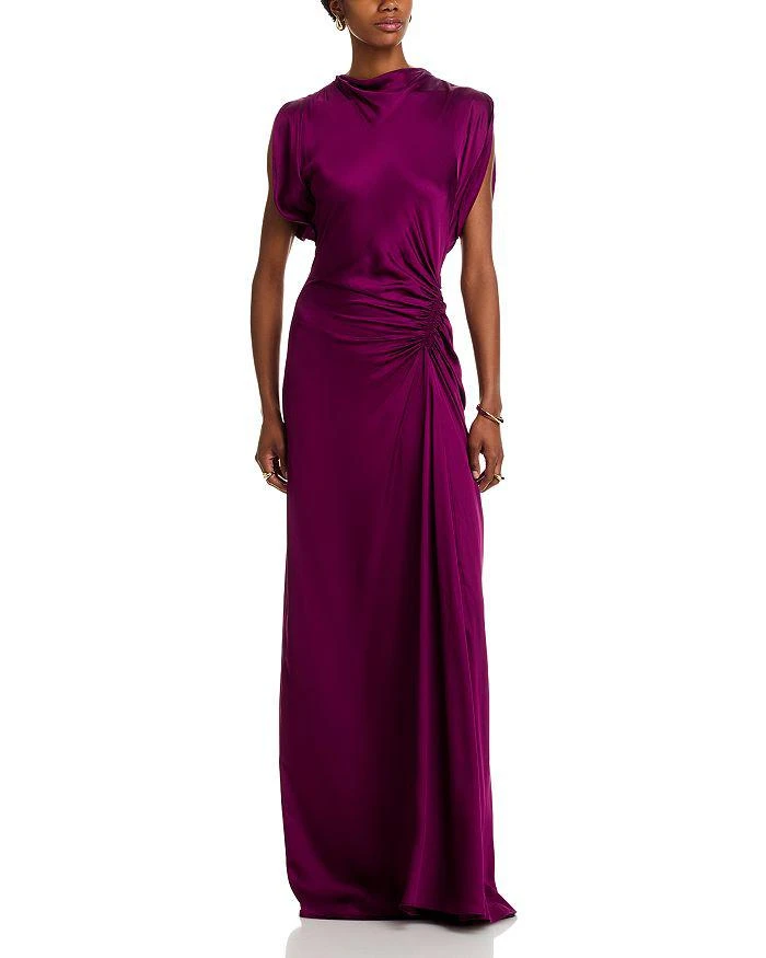 bandeau ruffle asymmetric hem midi dress in purple Kim Magenta Strapless Ruffle Prom Dress main image 1