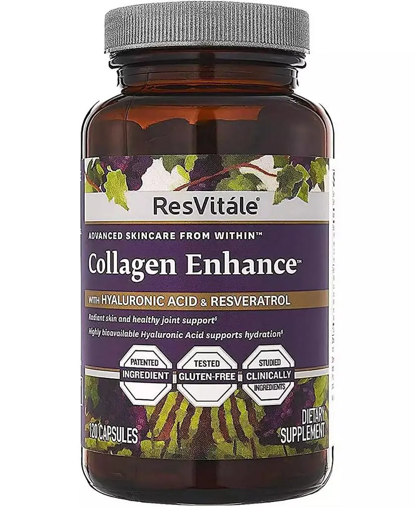 ResVitale Collagen Enhance Anti Aging Skin Care Collagen Supplement - Hydrolyzed Collagen Peptides with Hyaluronic Acid and Resveratrol - Skin Food & Joint Support Collagen Capsules, 1000mg, 120 Caps