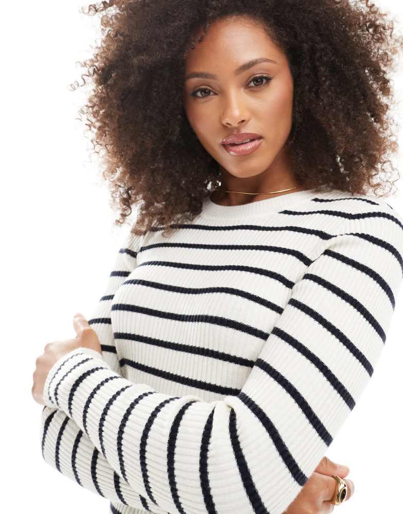 ONLY ONLY long sleeve crew neck knitted top in beige with navy stripes