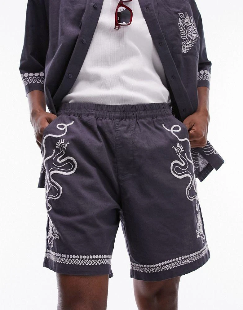 Topman Topman side embroidered linen mix co-ord shorts in navy 5