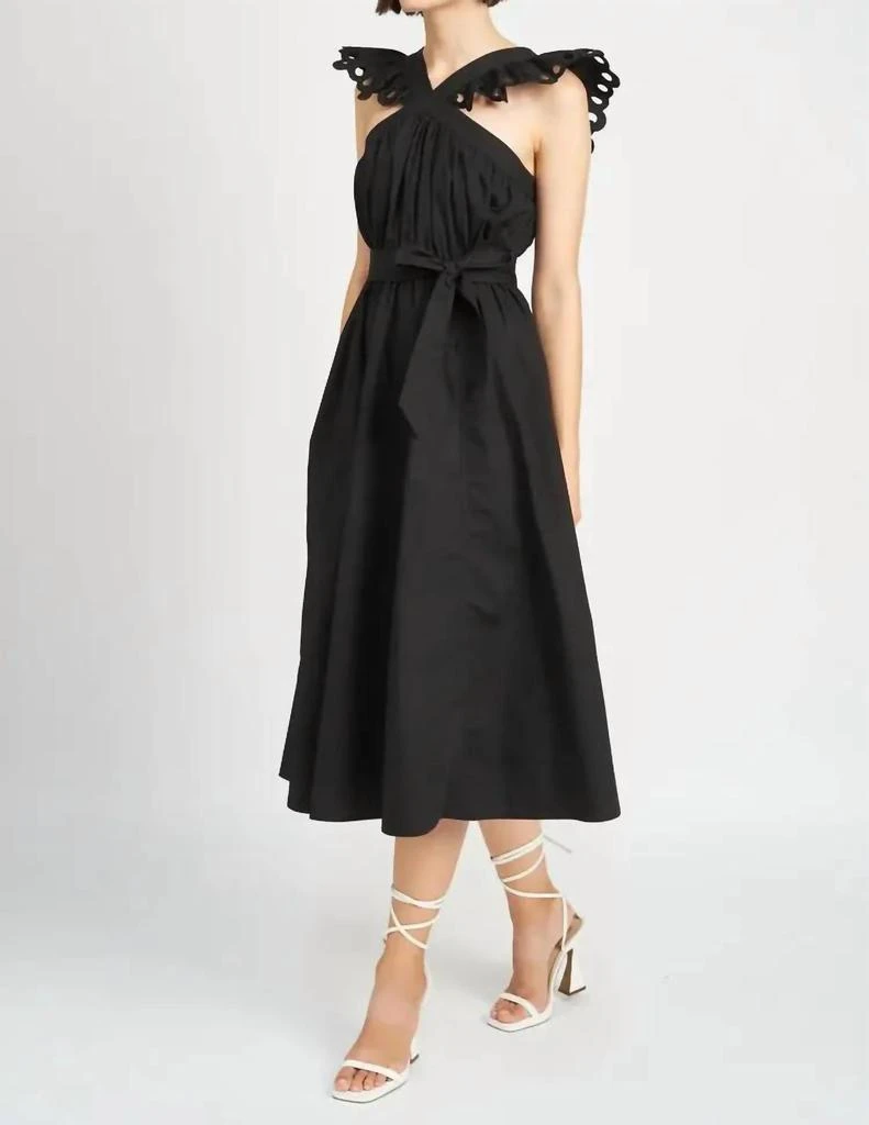 En Saison Blakely Ruffle Eyelet Belted Midi Dress In Black 2