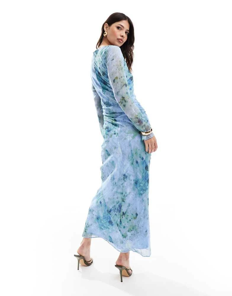 ASOS ASOS DESIGN ruched sleeve maxi dress in blue marble print 4