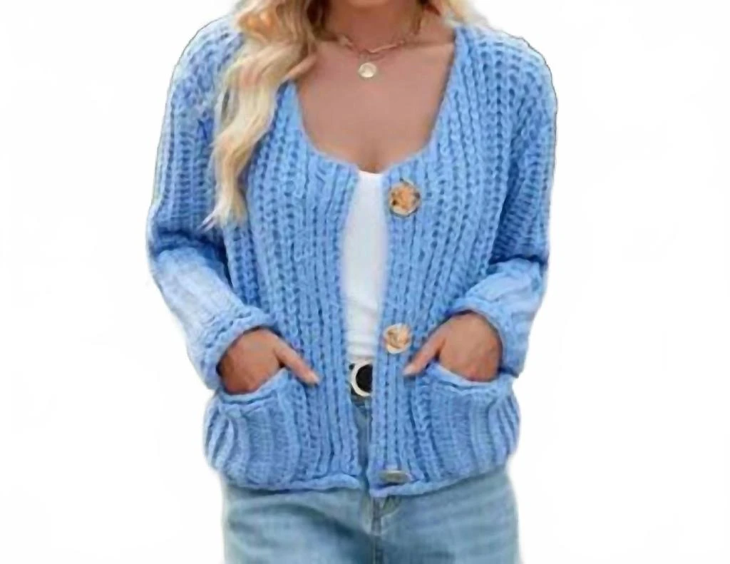 Masyal Caroline Casual Thick Solid Knitted Cardigan In Blue