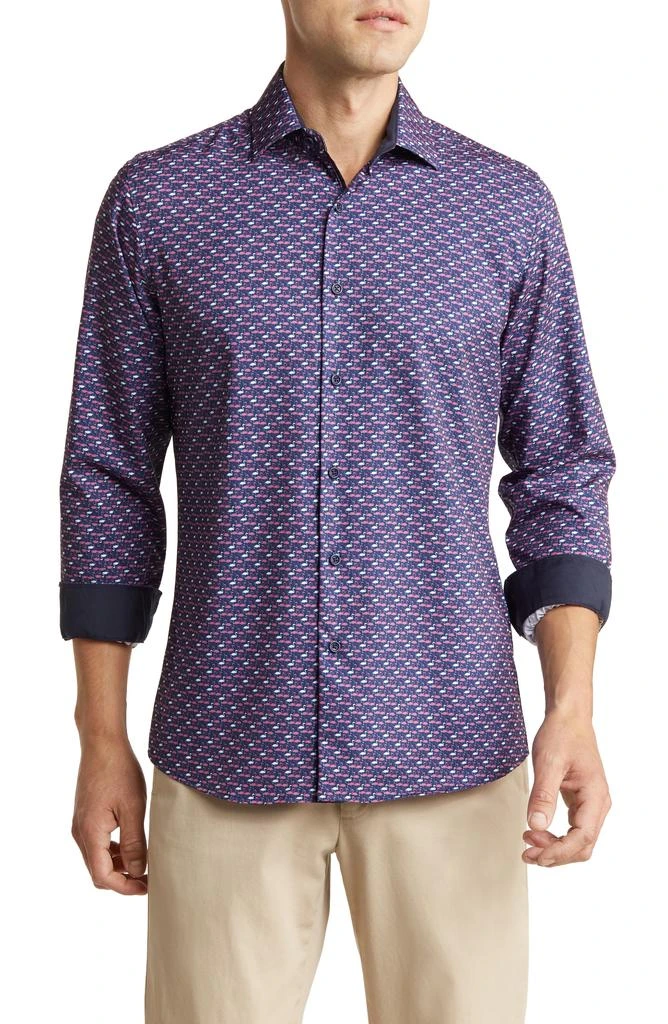 TOM BAINE Flamingo Print Long Sleeve Slim Fit 4-Way Stretch Shirt 1