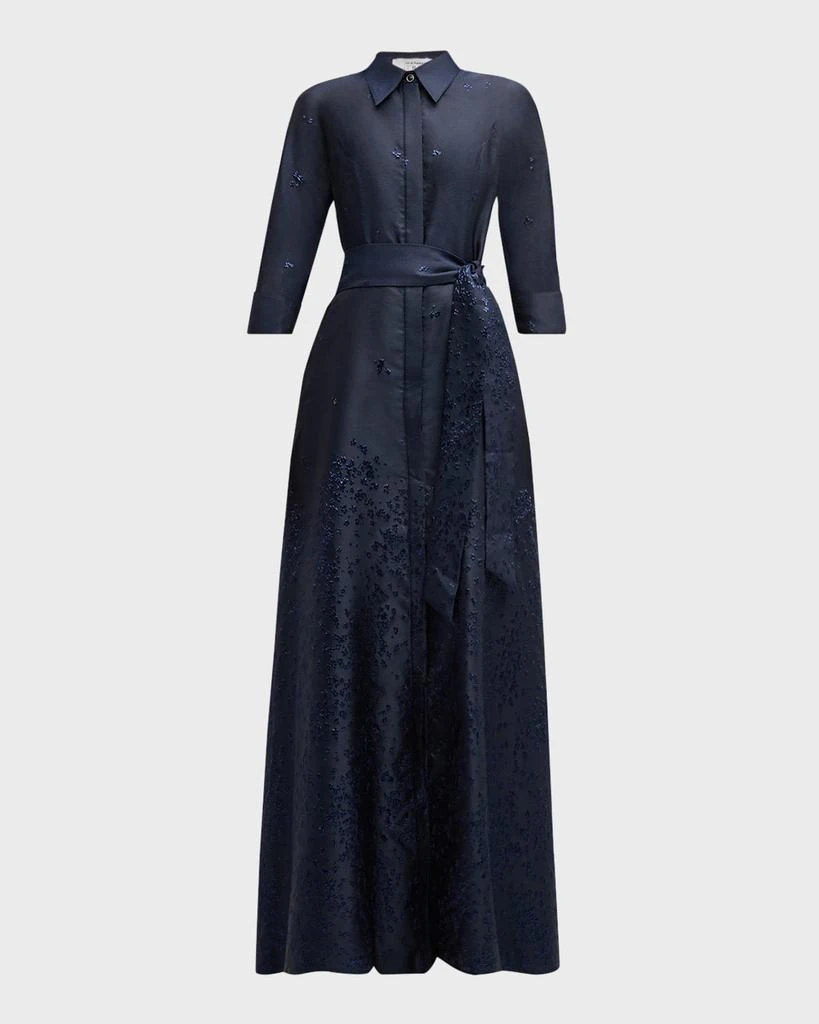 knee length dresses for ladies ML Lina One-Shoulder Metallic Jacquard Midi Dress in Navy/Rose Gold main image 1