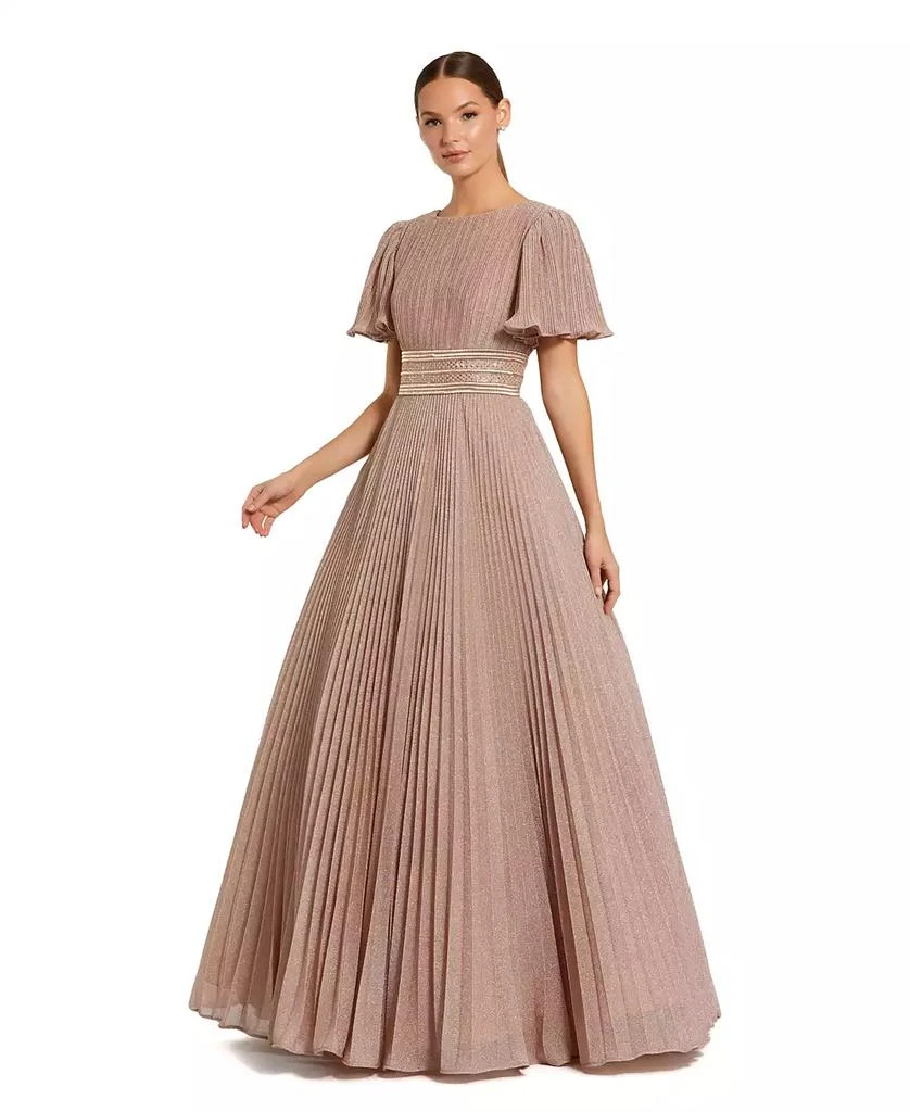 Mac Duggal Women's Pleated Shimmering Georgette Flutter Sleeve Gown